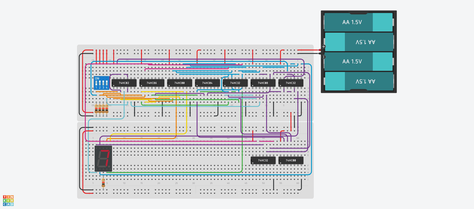 Circuito del decodificador binario a 7 segmentos en protoboard